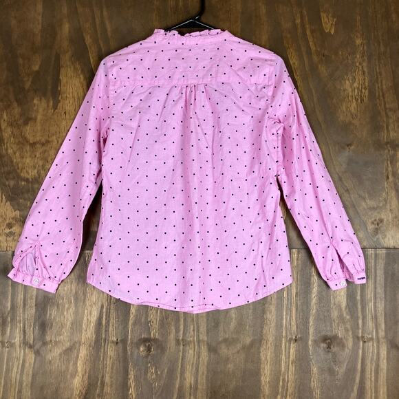 Talbots Womens Blouse Pink Black Polka Dot Ruffle Neck Long Sleeve Petite - Picture 10 of 12